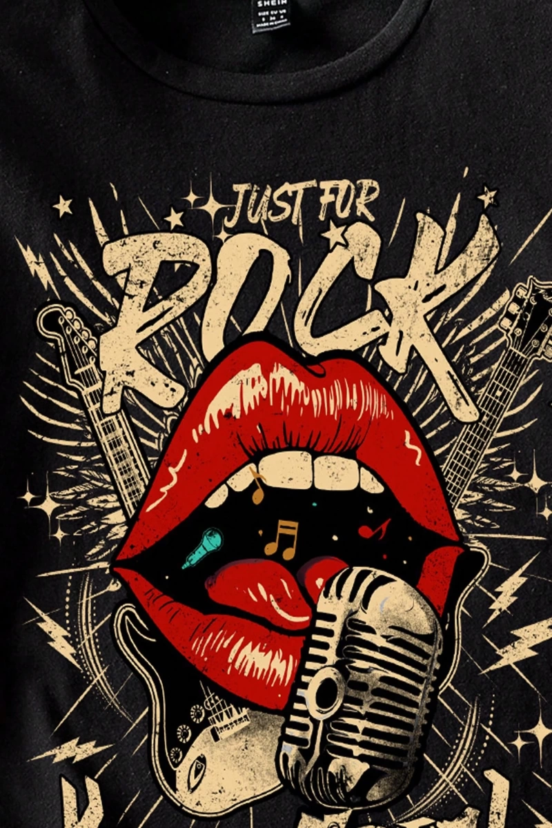 Casual Loose Rock Müzik Dudaklar Grafik Baskılı Yuvarlak Yaka Kısa Kollu Kadın Tişör