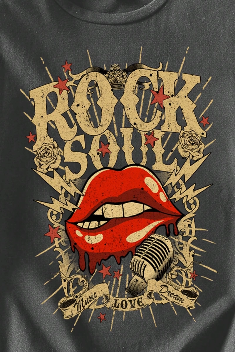 Casual Loose Rock Müzik Dudaklar Grafik Baskılı Yuvarlak Yaka Kısa Kollu Kadın Tişör