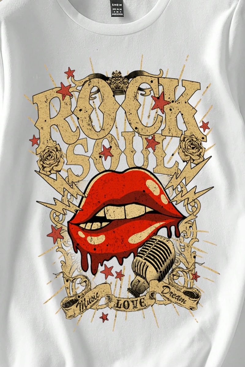 Casual Loose Rock Müzik Dudaklar Grafik Baskılı Yuvarlak Yaka Kısa Kollu Kadın Tişör