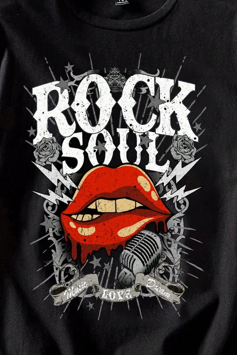 Casual Loose Rock Müzik Dudaklar Grafik Baskılı Yuvarlak Yaka Kısa Kollu Kadın Tişör