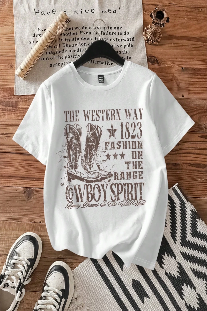 Casual Loose The Western War Baskılı Desen Yuvarlak Yaka Kısa Kollu Bol Kadın Tişö