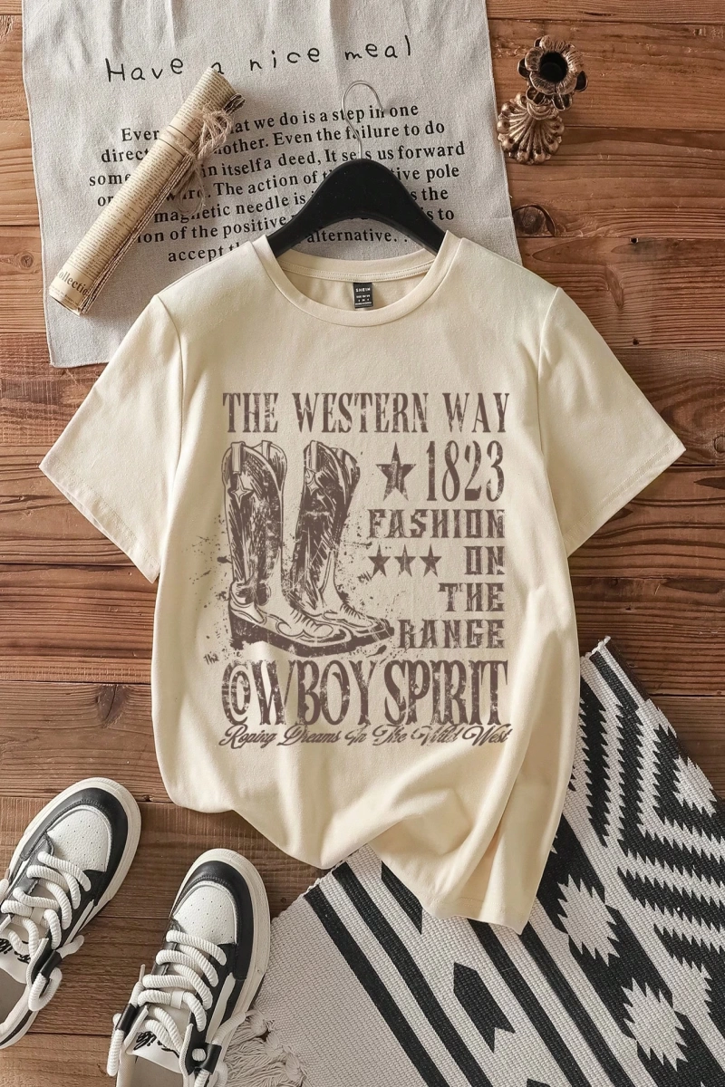 Casual Loose The Western War Baskılı Desen Yuvarlak Yaka Kısa Kollu Bol Kadın Tişö