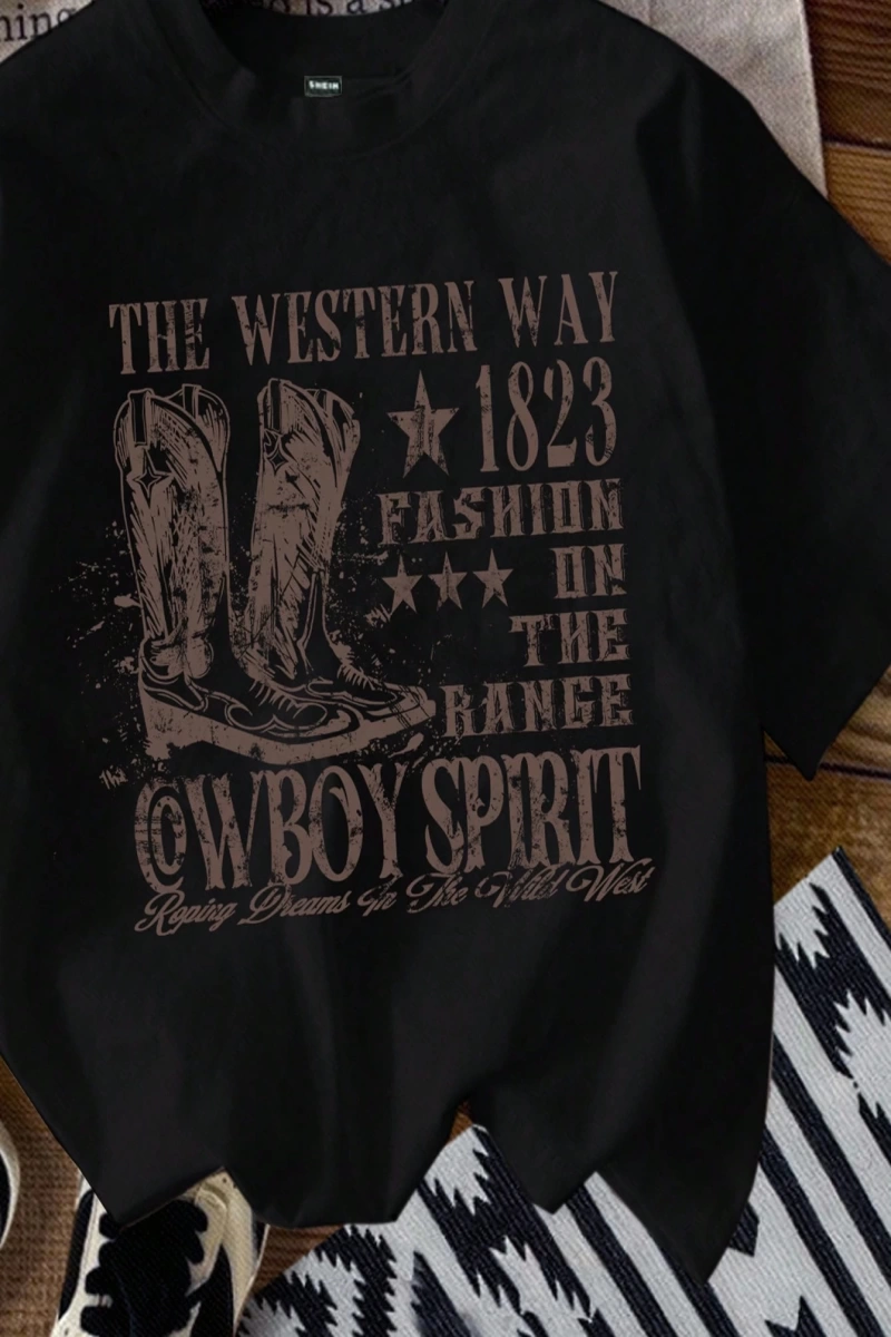 Casual Loose The Western War Baskılı Desen Yuvarlak Yaka Kısa Kollu Bol Kadın Tişö