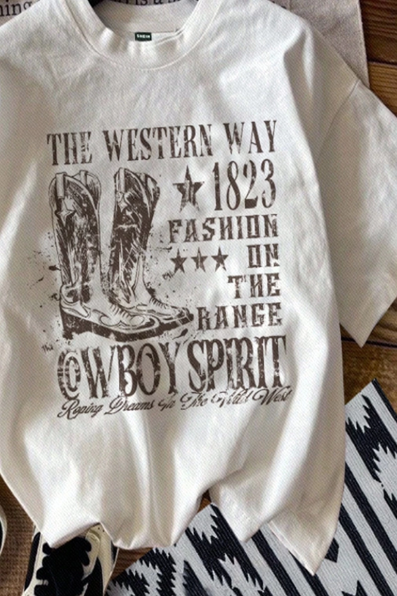 Casual Loose The Western War Baskılı Desen Yuvarlak Yaka Kısa Kollu Bol Kadın Tişö