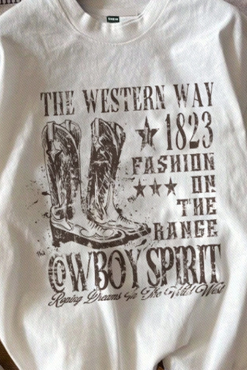 Casual Loose The Western War Baskılı Desen Yuvarlak Yaka Kısa Kollu Bol Kadın Tişö