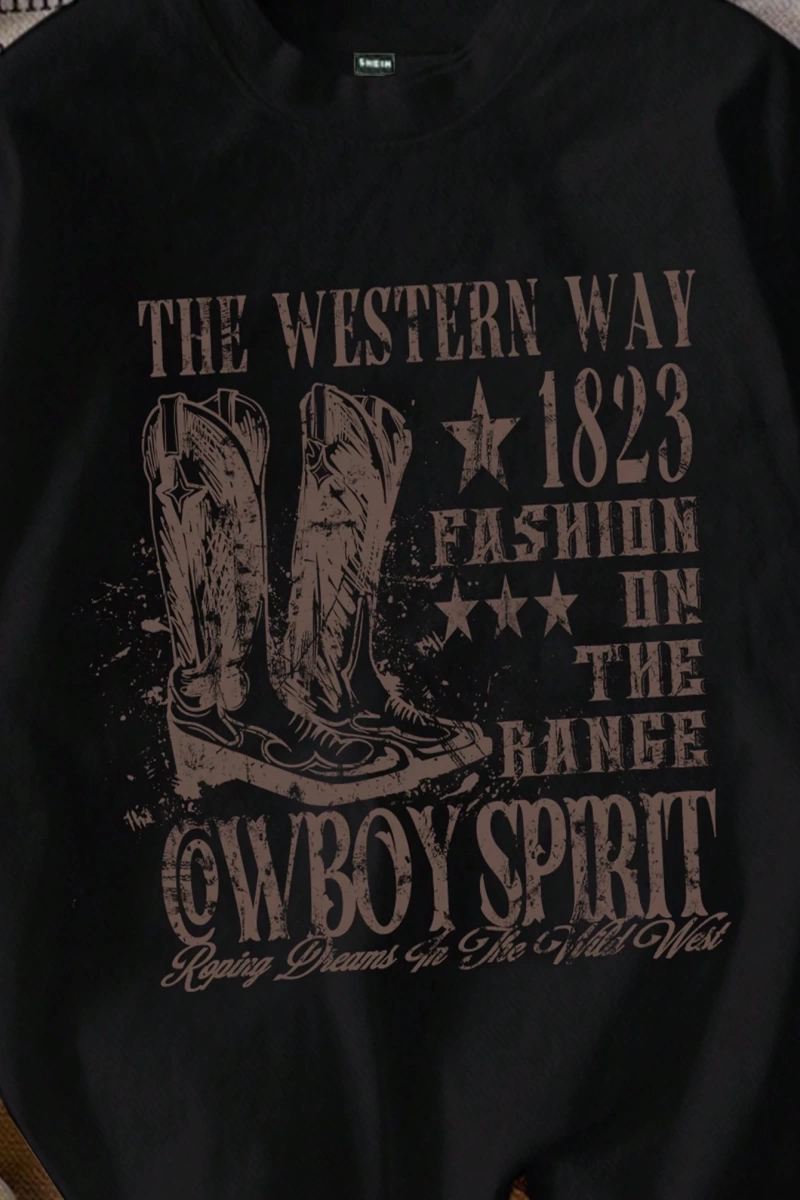 Casual Loose The Western War Baskılı Desen Yuvarlak Yaka Kısa Kollu Bol Kadın Tişö