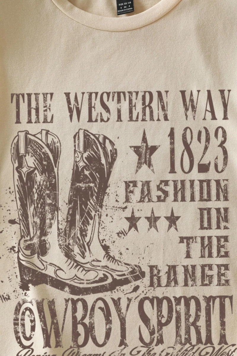 Casual Loose The Western War Baskılı Desen Yuvarlak Yaka Kısa Kollu Bol Kadın Tişö