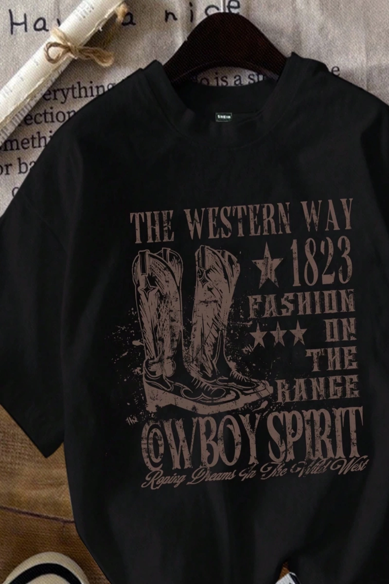 Casual Loose The Western War Baskılı Desen Yuvarlak Yaka Kısa Kollu Bol Kadın Tişö