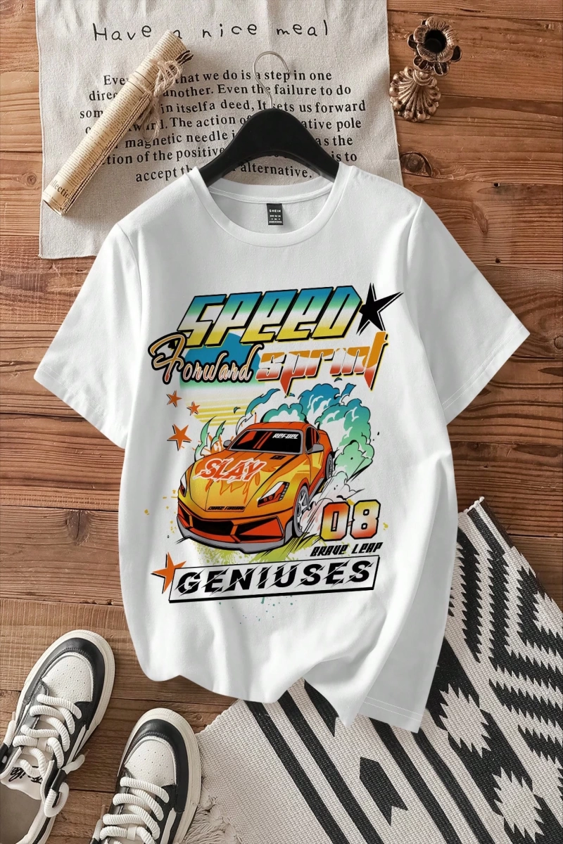 Casual Loose Vintage Araba Grafik Yuvarlak Yaka Kısa Kollu Kadın Tişörtü, Yaz İçin U