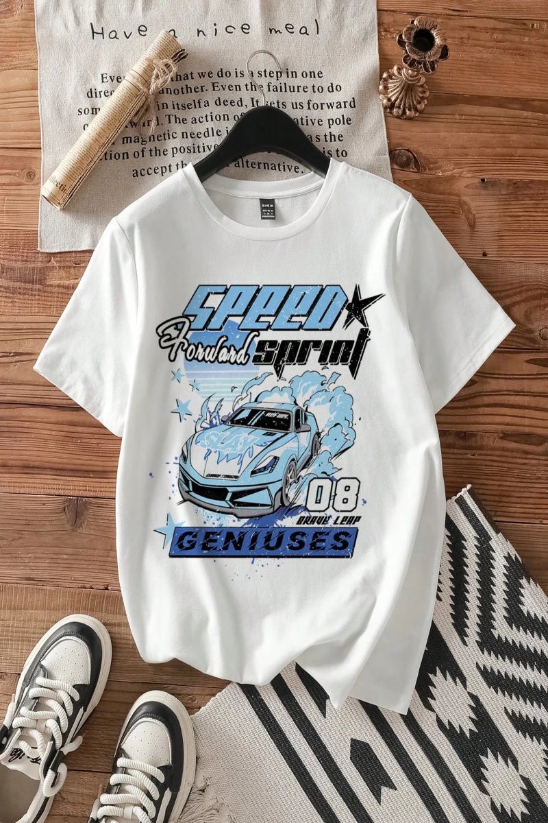 Casual Loose Vintage Araba Grafik Yuvarlak Yaka Kısa Kollu Kadın Tişörtü, Yaz İçin U