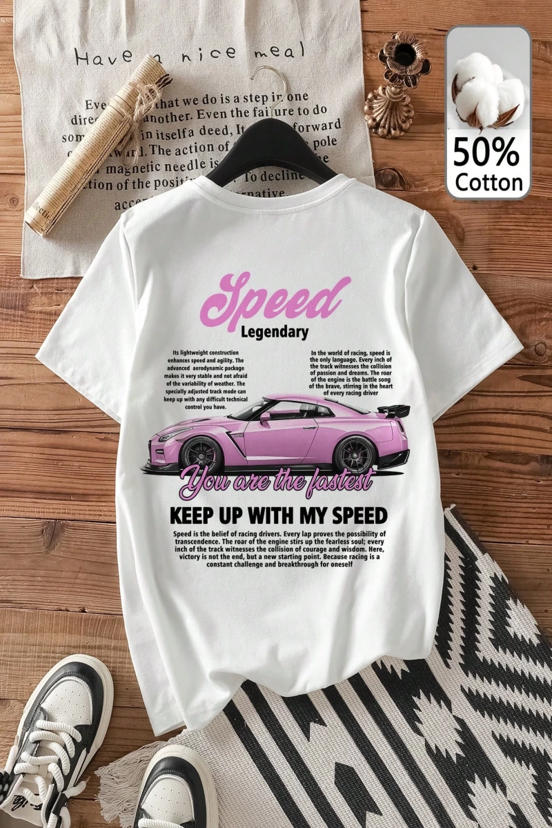Casual Loose Vintage Araba Grafik Yuvarlak Yaka Kısa Kollu Kadın Tişörtü, Yaz İçin U