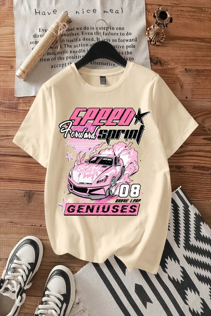 Casual Loose Vintage Araba Grafik Yuvarlak Yaka Kısa Kollu Kadın Tişörtü, Yaz İçin U