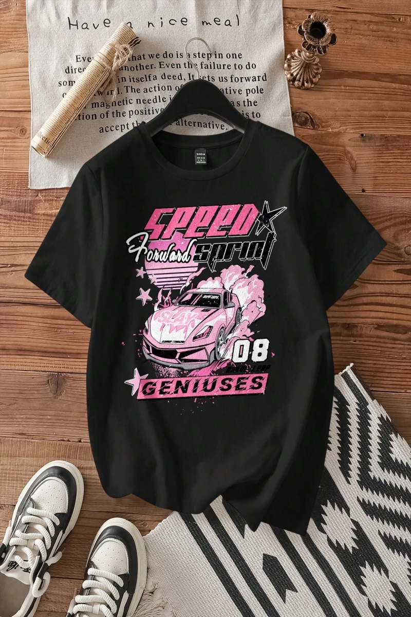 Casual Loose Vintage Araba Grafik Yuvarlak Yaka Kısa Kollu Kadın Tişörtü, Yaz İçin U
