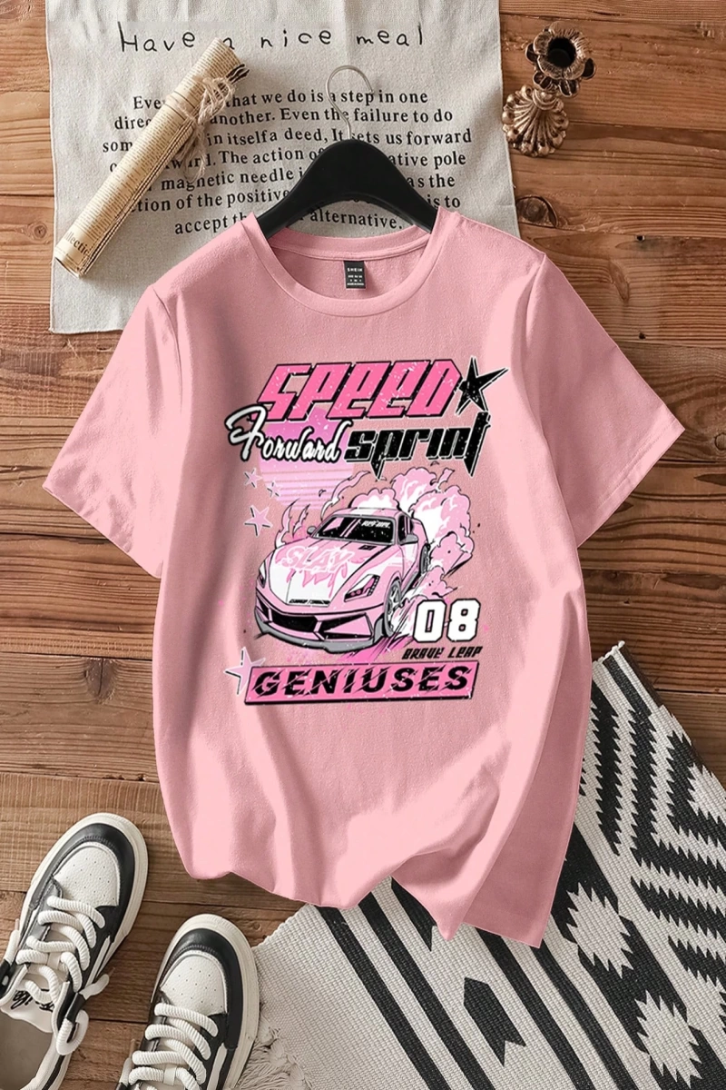 Casual Loose Vintage Araba Grafik Yuvarlak Yaka Kısa Kollu Kadın Tişörtü, Yaz İçin U