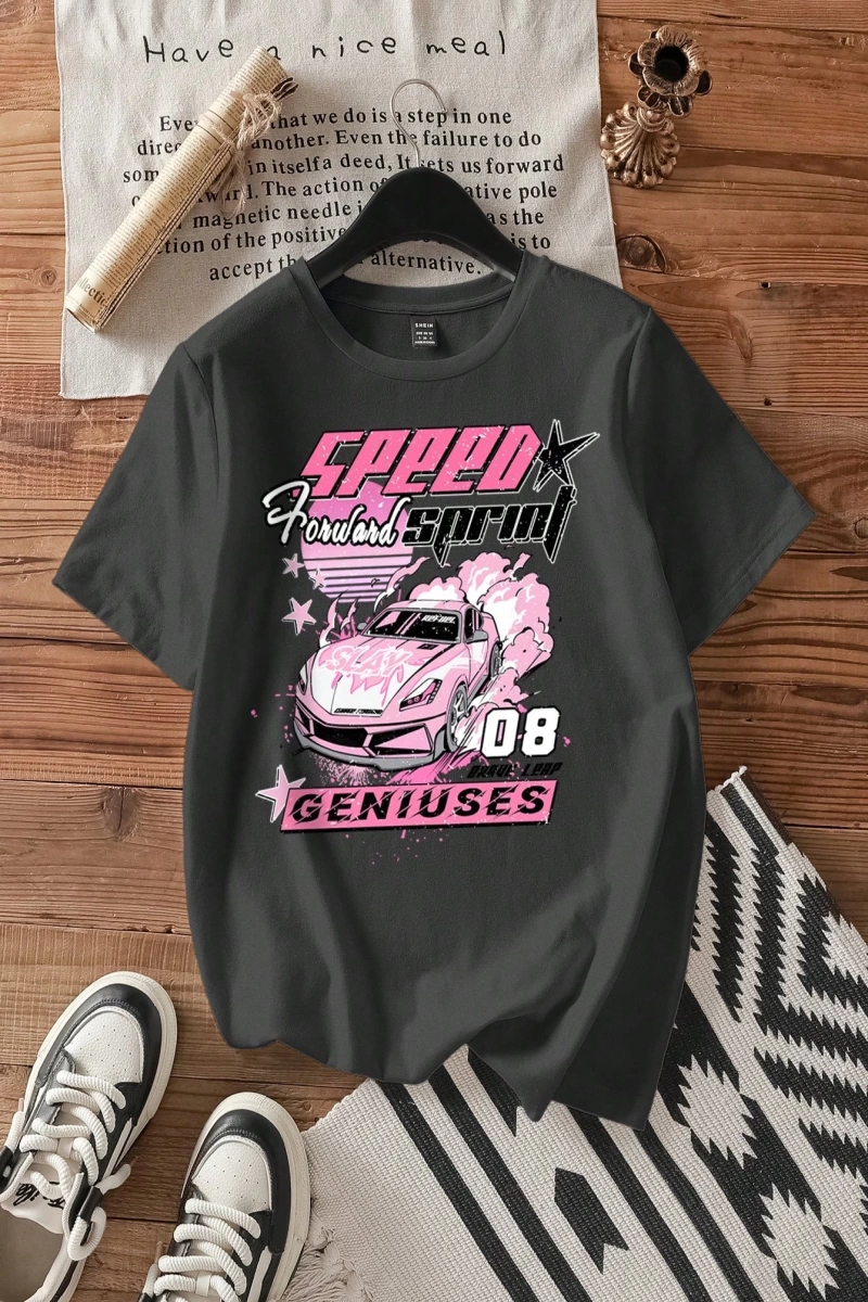Casual Loose Vintage Araba Grafik Yuvarlak Yaka Kısa Kollu Kadın Tişörtü, Yaz İçin U