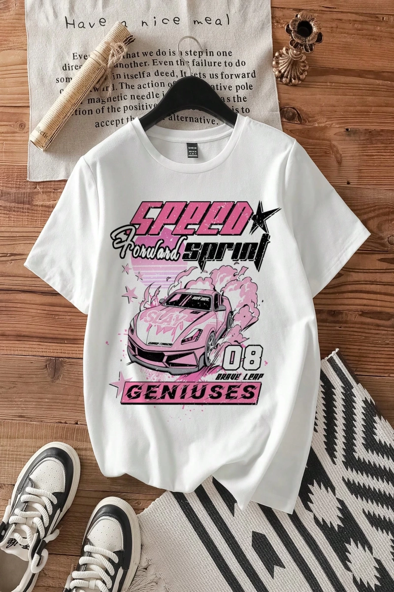 Casual Loose Vintage Araba Grafik Yuvarlak Yaka Kısa Kollu Kadın Tişörtü, Yaz İçin U