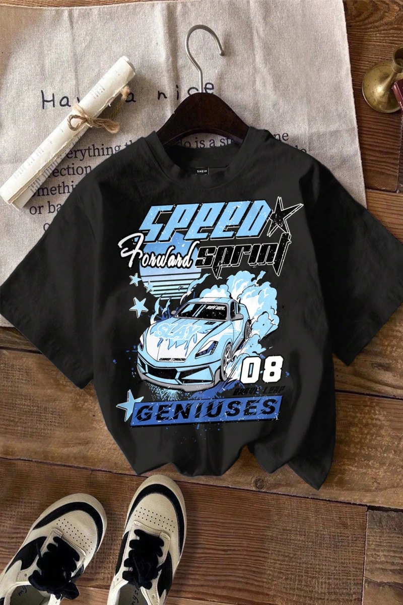 Casual Loose Vintage Araba Grafik Yuvarlak Yaka Kısa Kollu Kadın Tişörtü, Yaz İçin U