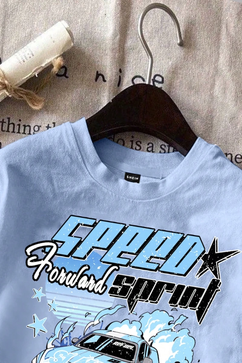 Casual Loose Vintage Araba Grafik Yuvarlak Yaka Kısa Kollu Kadın Tişörtü, Yaz İçin U