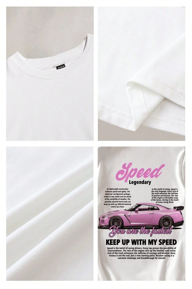 Casual Loose Vintage Araba Grafik Yuvarlak Yaka Kısa Kollu Kadın Tişörtü, Yaz İçin U