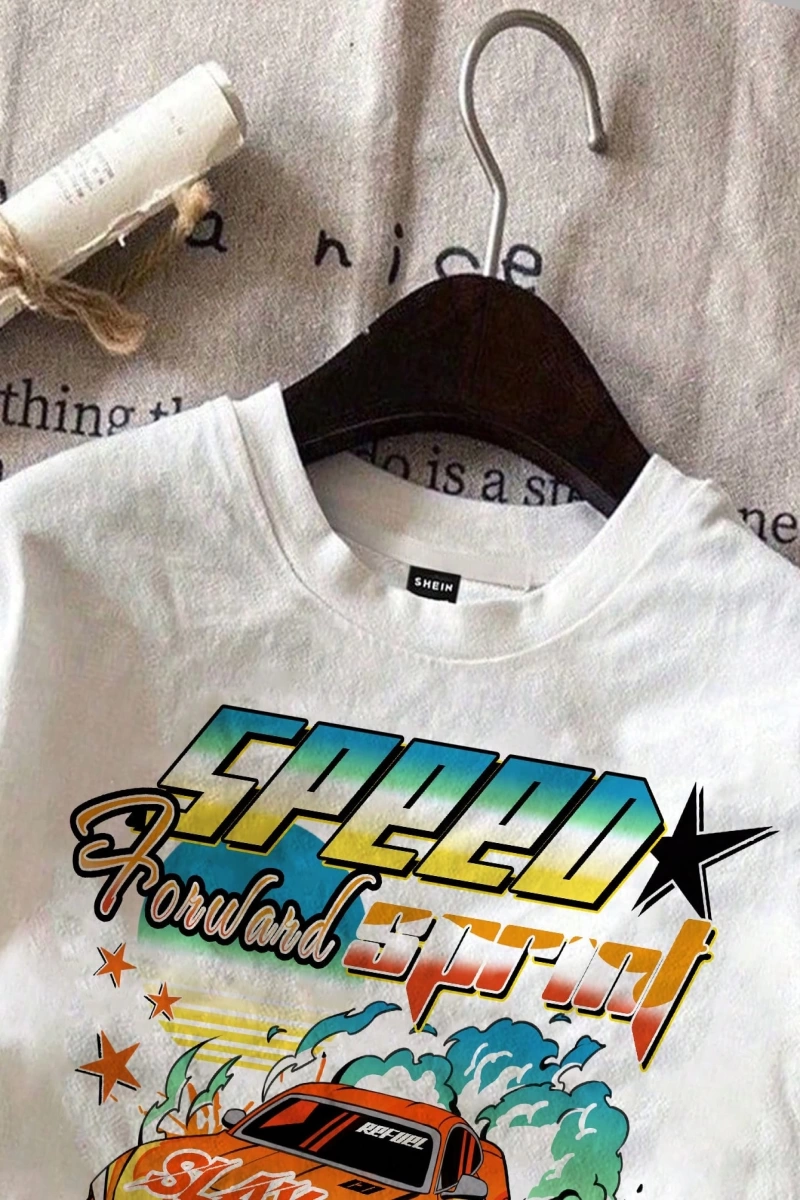 Casual Loose Vintage Araba Grafik Yuvarlak Yaka Kısa Kollu Kadın Tişörtü, Yaz İçin U