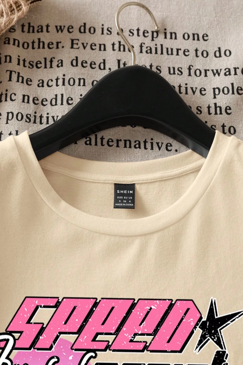 Casual Loose Vintage Araba Grafik Yuvarlak Yaka Kısa Kollu Kadın Tişörtü, Yaz İçin U