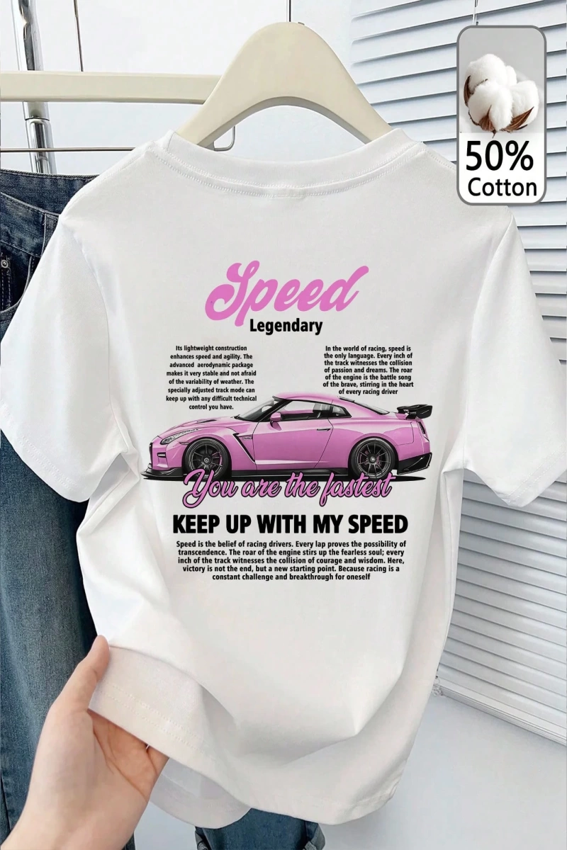 Casual Loose Vintage Araba Grafik Yuvarlak Yaka Kısa Kollu Kadın Tişörtü, Yaz İçin U