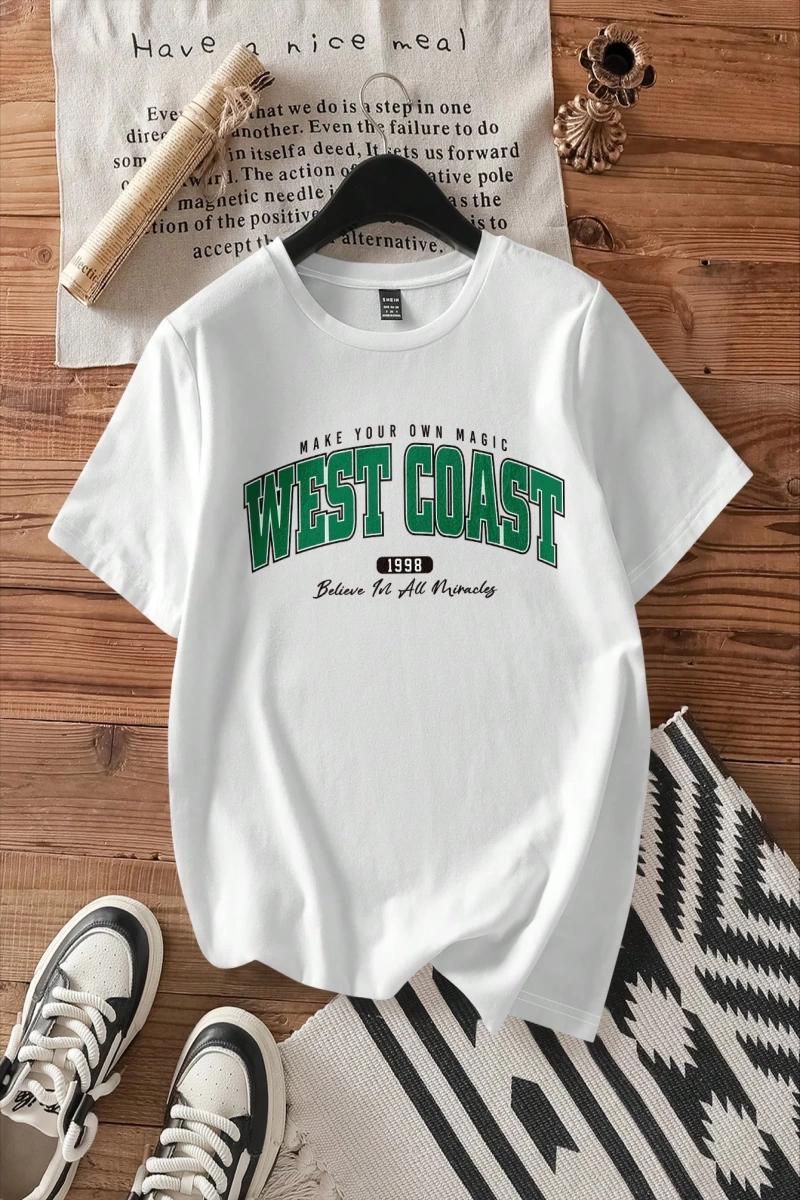 Casual Loose West Coast English Graphic Yuvarlak Yaka Kısa Kollu Tişört Kadınlar İçi