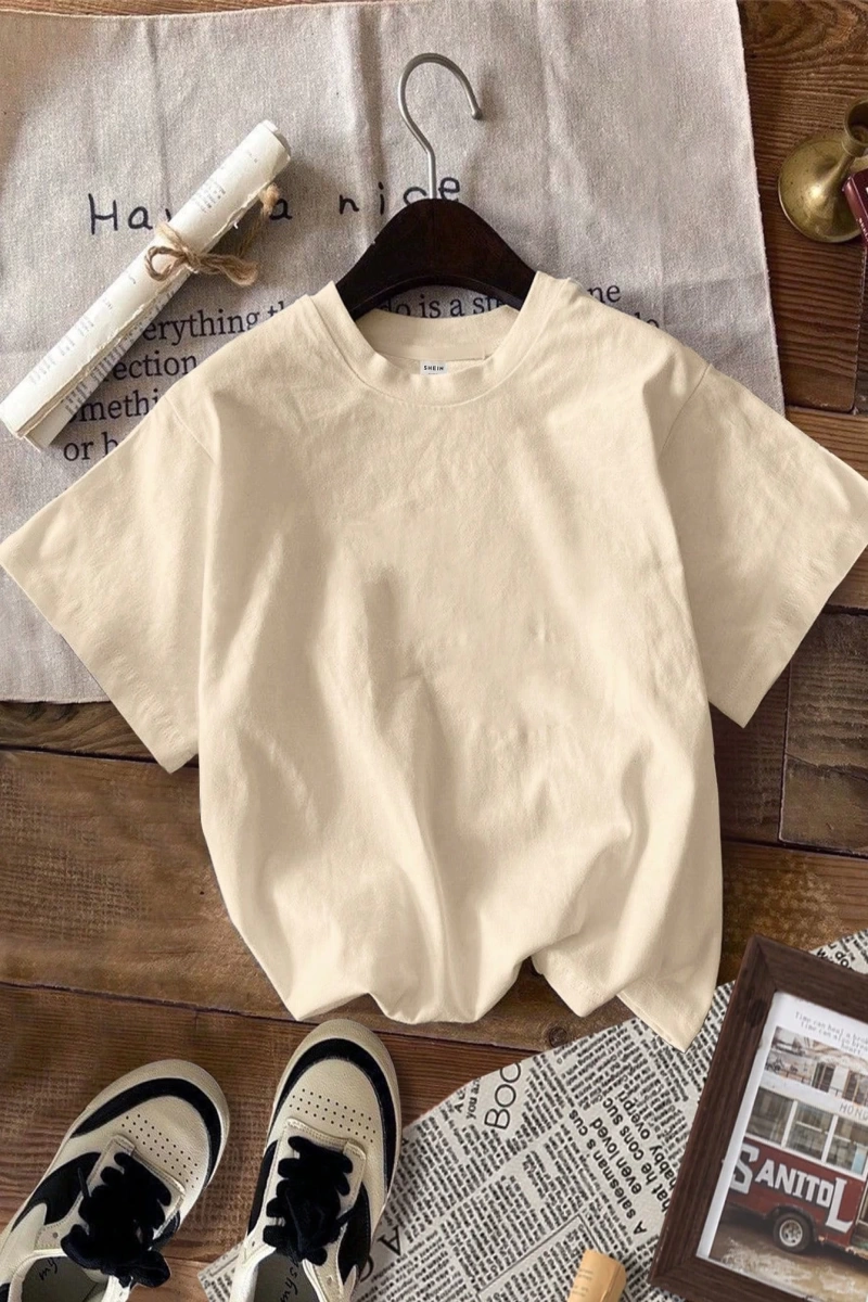 Casual Minimalist Kaktüs Desen Yuvarlak Yaka Kısa Kollu Bol Kadın Tişörtü, Yaz, Pamu
