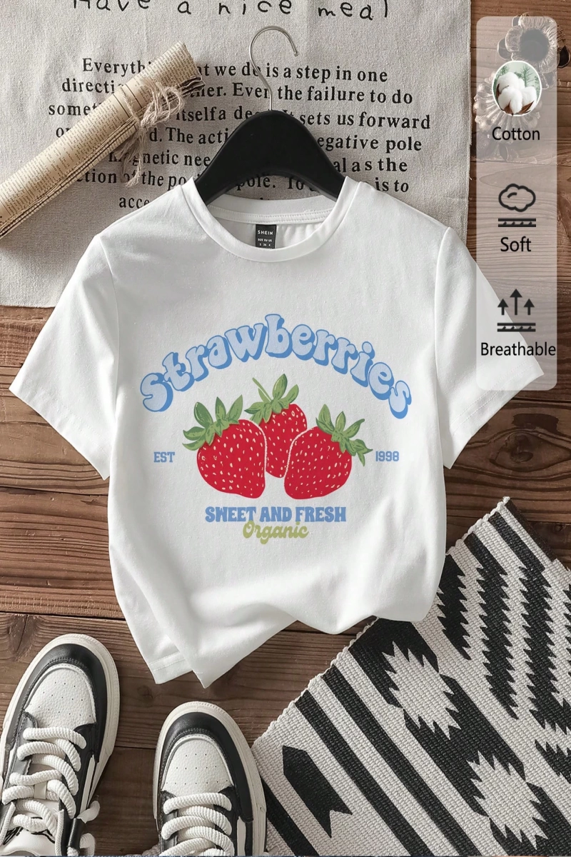 Casual Minimalist Kiraz Desenli Yuvarlak Yaka Kısa Kollu Dar Kesim Kadın Tişörtü, Ya