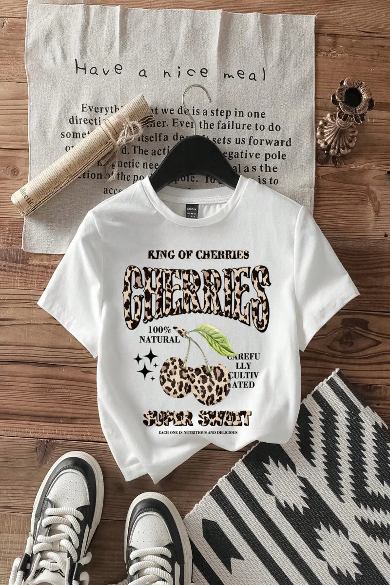 Casual Minimalist Kiraz Desenli Yuvarlak Yaka Kısa Kollu Dar Kesim Kadın Tişörtü, Ya