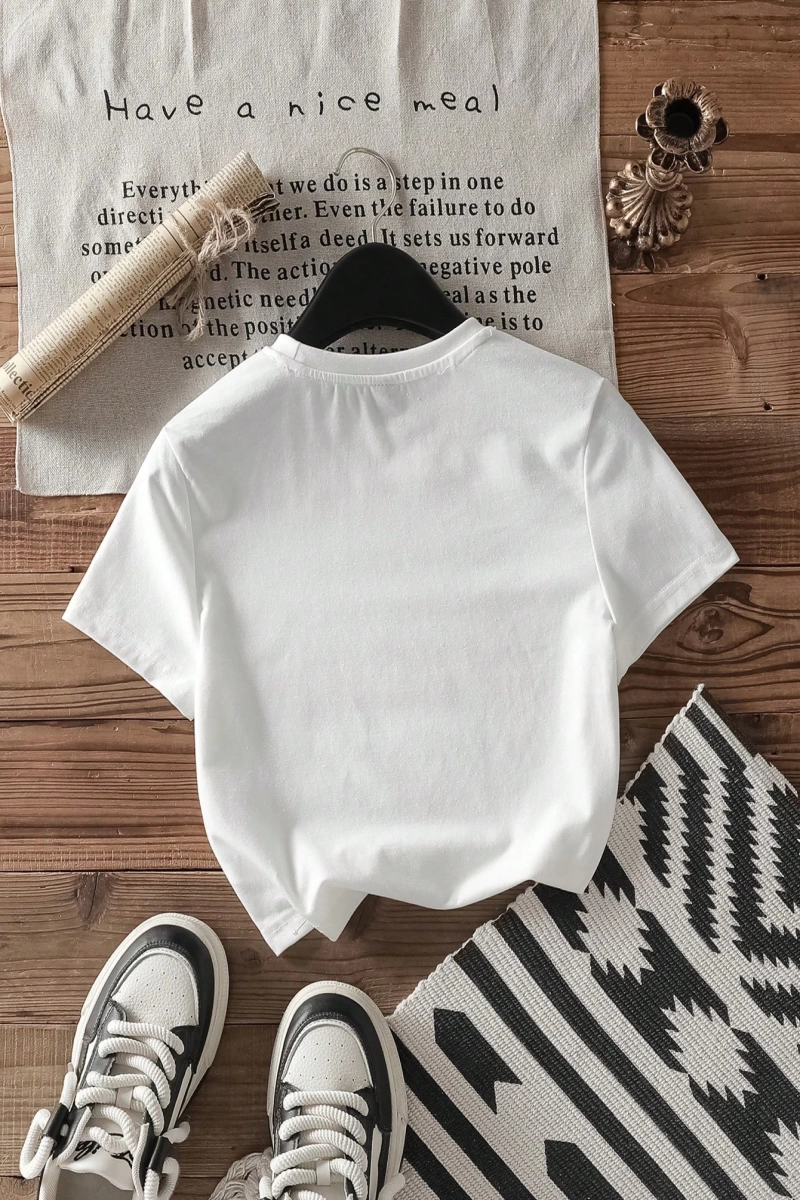 Casual Minimalist Kiraz Desenli Yuvarlak Yaka Kısa Kollu Dar Kesim Kadın Tişörtü, Ya