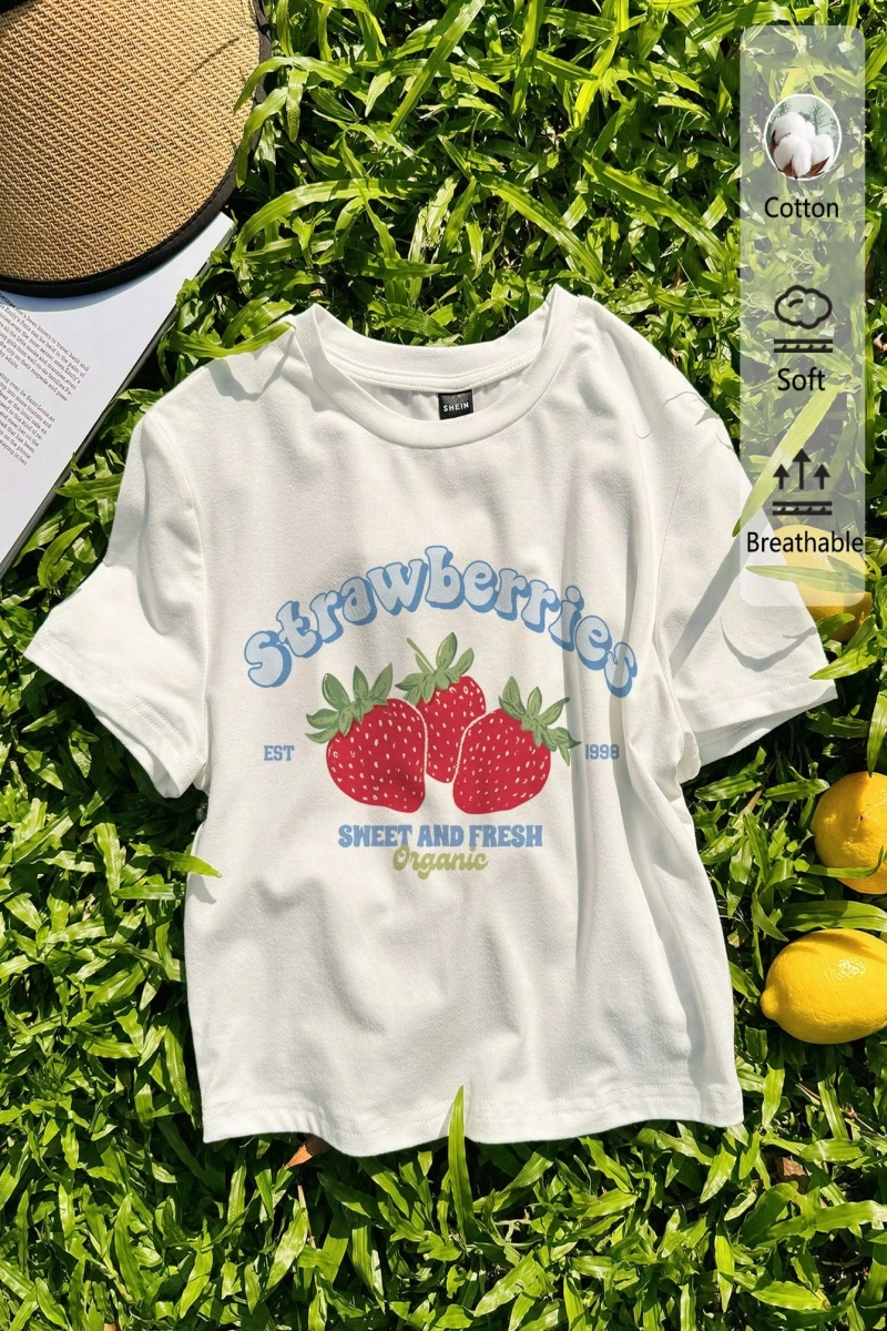 Casual Minimalist Kiraz Desenli Yuvarlak Yaka Kısa Kollu Dar Kesim Kadın Tişörtü, Ya