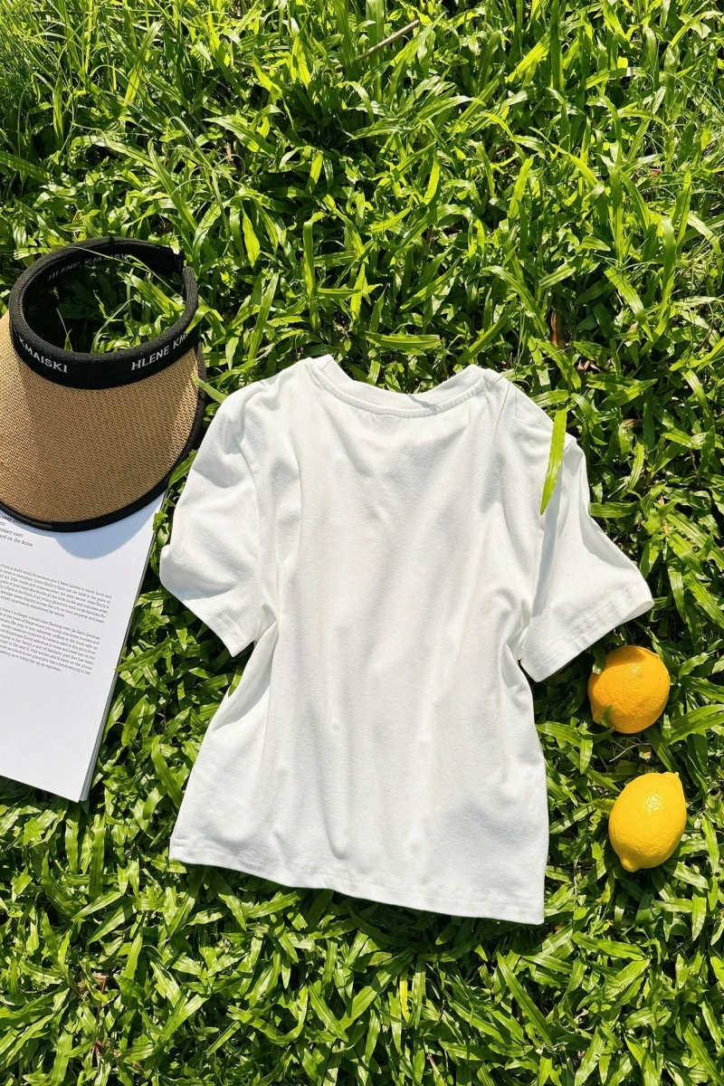 Casual Minimalist Kiraz Desenli Yuvarlak Yaka Kısa Kollu Dar Kesim Kadın Tişörtü, Ya