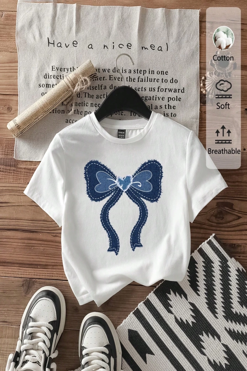 Casual Minimalist Leopar Desenli Fiyonk Dekor Yuvarlak Yaka Kısa Kollu Fitted Kırpıl