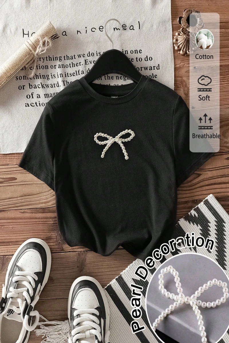 Casual Minimalist Leopar Desenli Fiyonk Dekor Yuvarlak Yaka Kısa Kollu Fitted Kırpıl