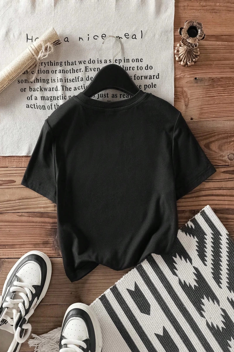 Casual Minimalist Leopar Desenli Fiyonk Dekor Yuvarlak Yaka Kısa Kollu Fitted Kırpıl
