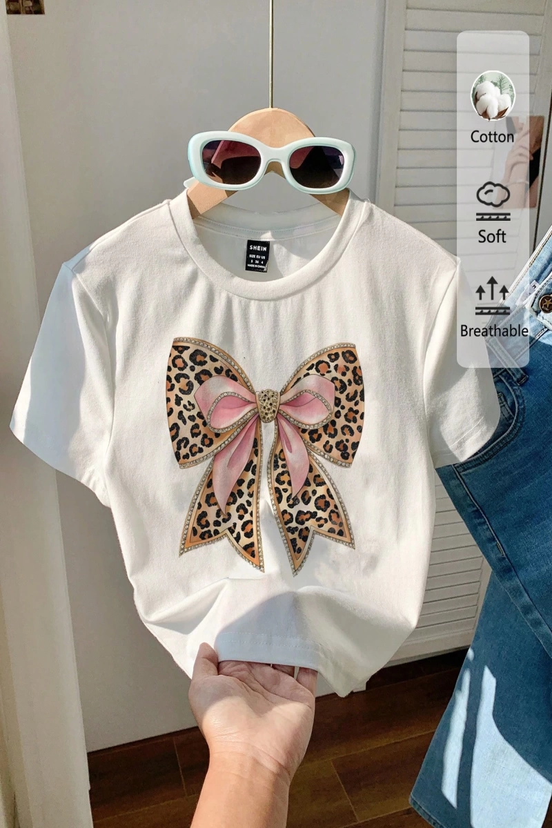 Casual Minimalist Leopar Desenli Fiyonk Dekor Yuvarlak Yaka Kısa Kollu Fitted Kırpıl