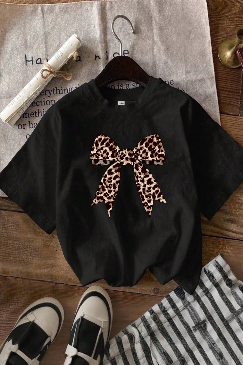 Casual Minimalist Leopar Desenli Fiyonk Dekor Yuvarlak Yaka Kısa Kollu Fitted Kırpıl