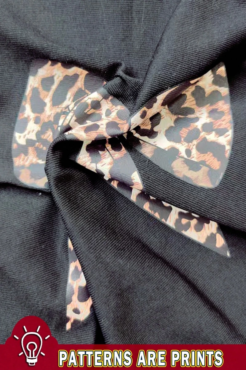 Casual Minimalist Leopar Desenli Fiyonk Dekor Yuvarlak Yaka Kısa Kollu Fitted Kırpıl