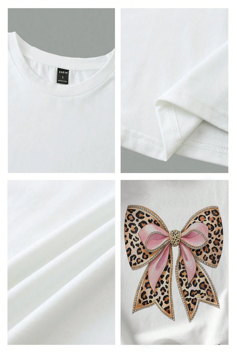 Casual Minimalist Leopar Desenli Fiyonk Dekor Yuvarlak Yaka Kısa Kollu Fitted Kırpıl