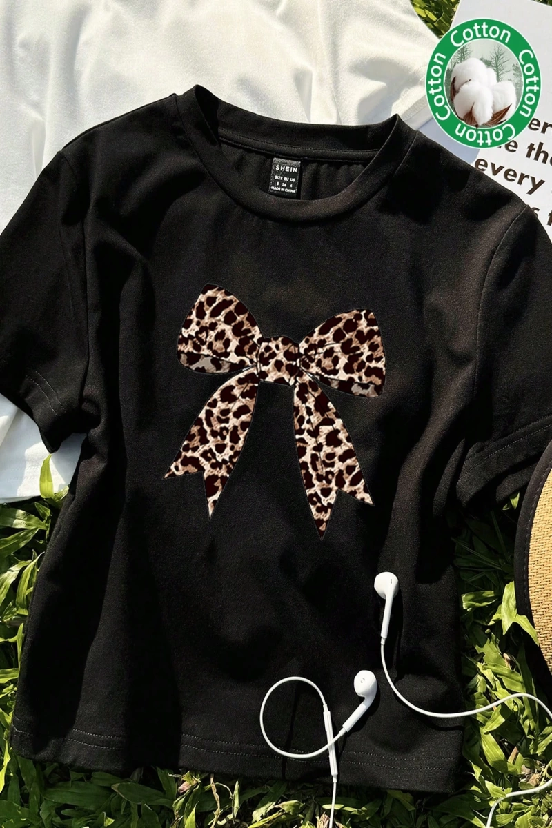 Casual Minimalist Leopar Desenli Fiyonk Dekor Yuvarlak Yaka Kısa Kollu Fitted Kırpıl