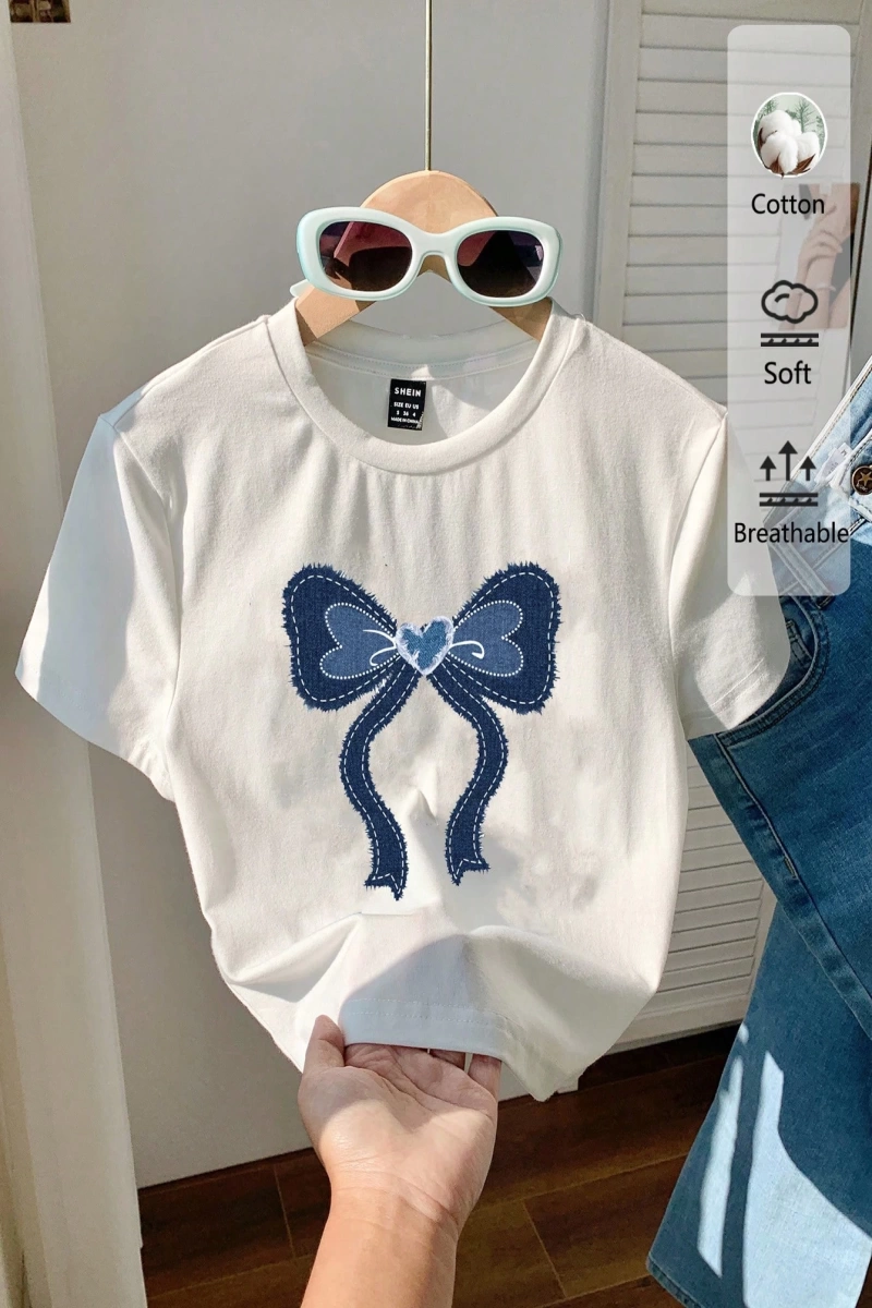 Casual Minimalist Leopar Desenli Fiyonk Dekor Yuvarlak Yaka Kısa Kollu Fitted Kırpıl