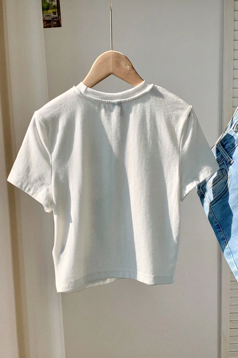 Casual Minimalist Leopar Desenli Fiyonk Dekor Yuvarlak Yaka Kısa Kollu Fitted Kırpıl
