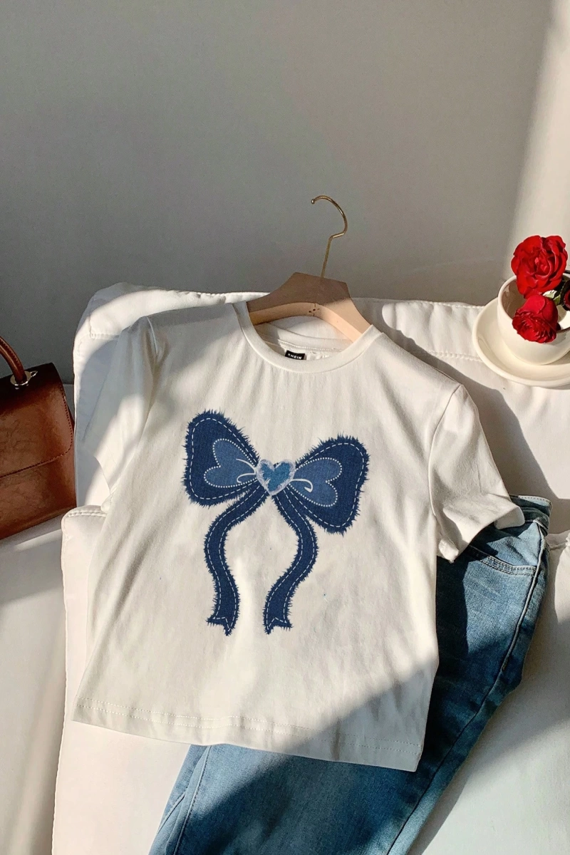 Casual Minimalist Leopar Desenli Fiyonk Dekor Yuvarlak Yaka Kısa Kollu Fitted Kırpıl