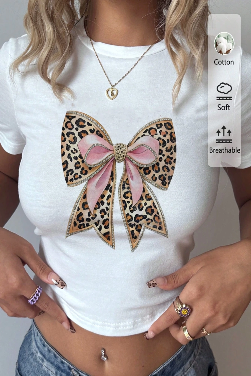 Casual Minimalist Leopar Desenli Fiyonk Dekor Yuvarlak Yaka Kısa Kollu Fitted Kırpıl