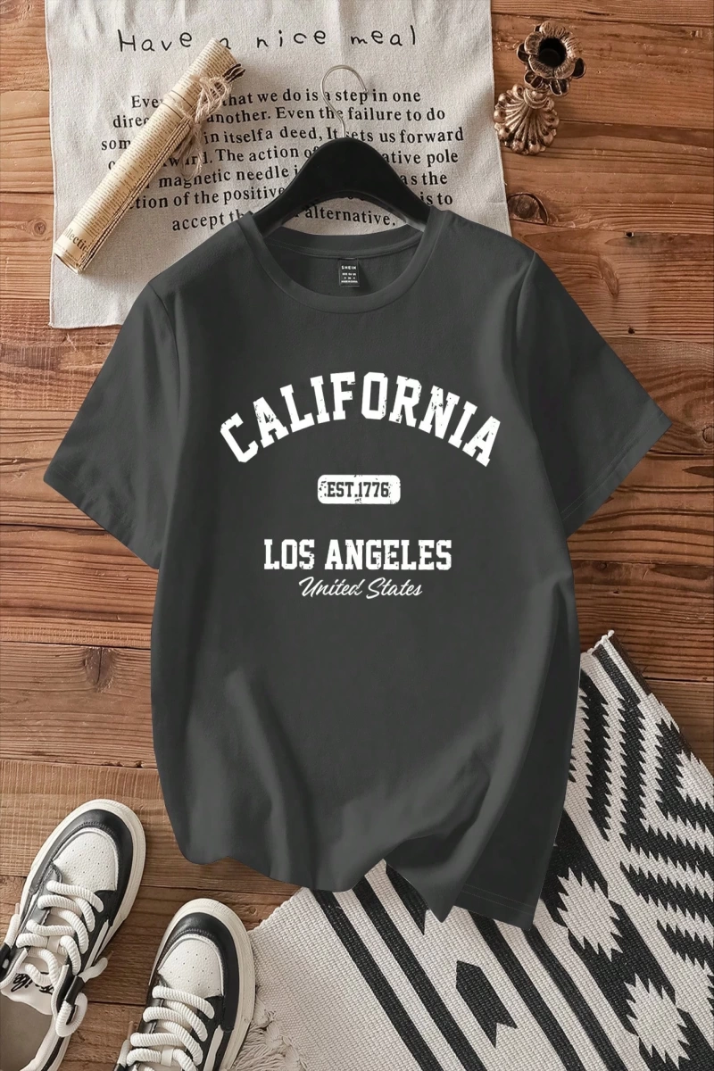 Casual Minimalist Letter Print Loose Fit Yuvarlak Yaka Kısa Kollu Tişört Kadınlar İç