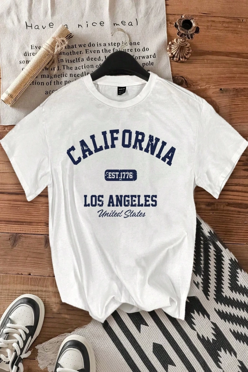 Casual Minimalist Letter Print Loose Fit Yuvarlak Yaka Kısa Kollu Tişört Kadınlar İç