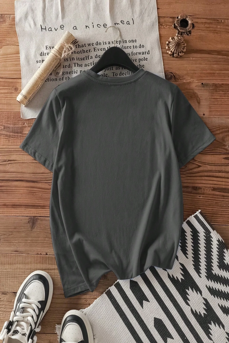 Casual Minimalist Letter Print Loose Fit Yuvarlak Yaka Kısa Kollu Tişört Kadınlar İç