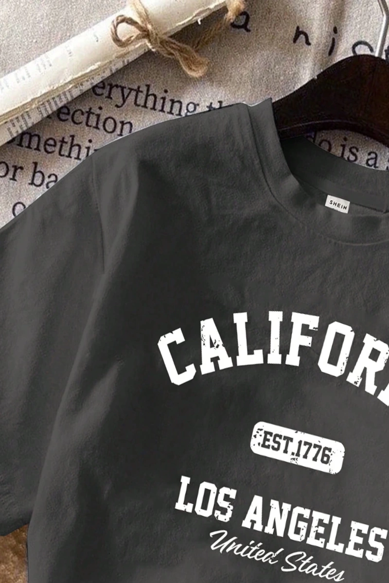 Casual Minimalist Letter Print Loose Fit Yuvarlak Yaka Kısa Kollu Tişört Kadınlar İç