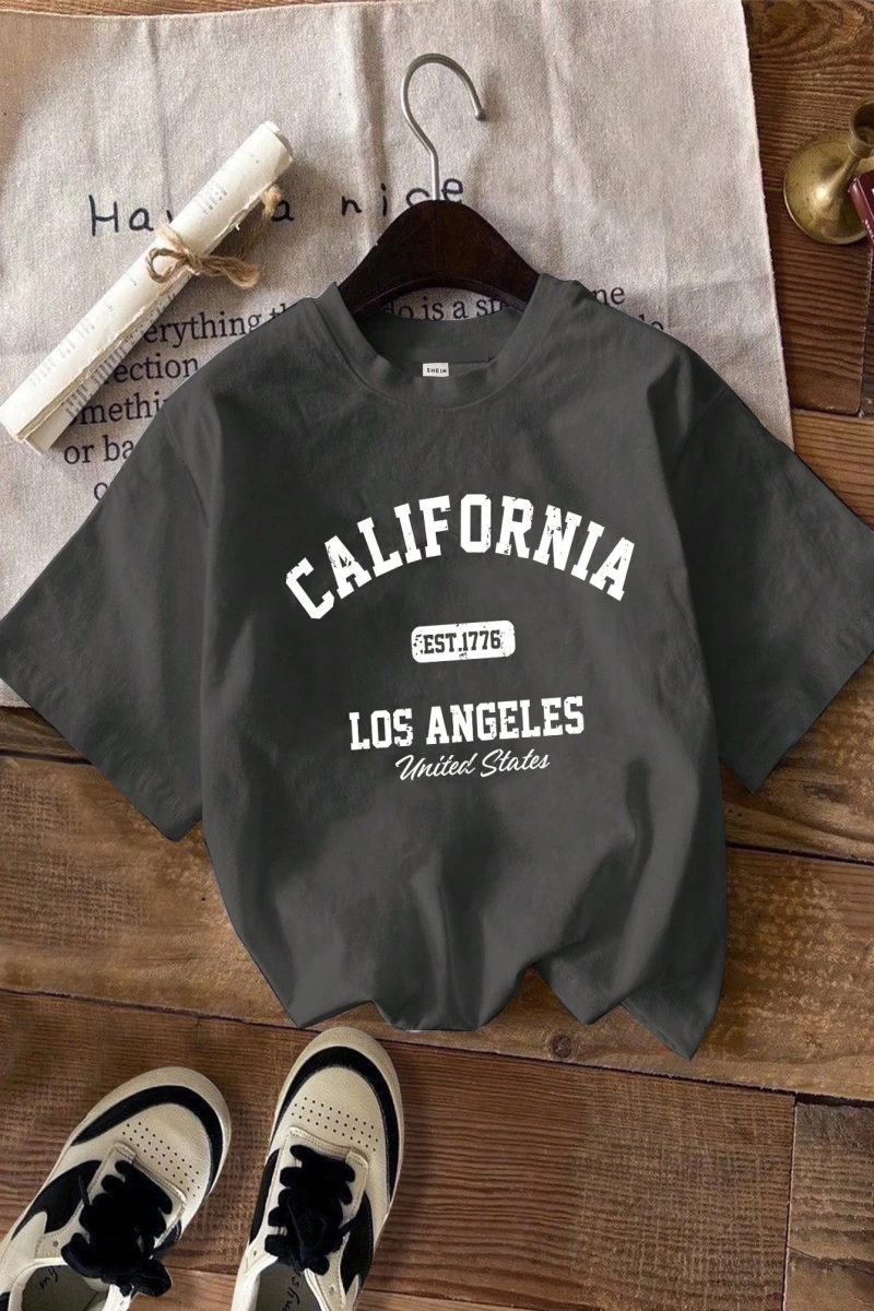 Casual Minimalist Letter Print Loose Fit Yuvarlak Yaka Kısa Kollu Tişört Kadınlar İç